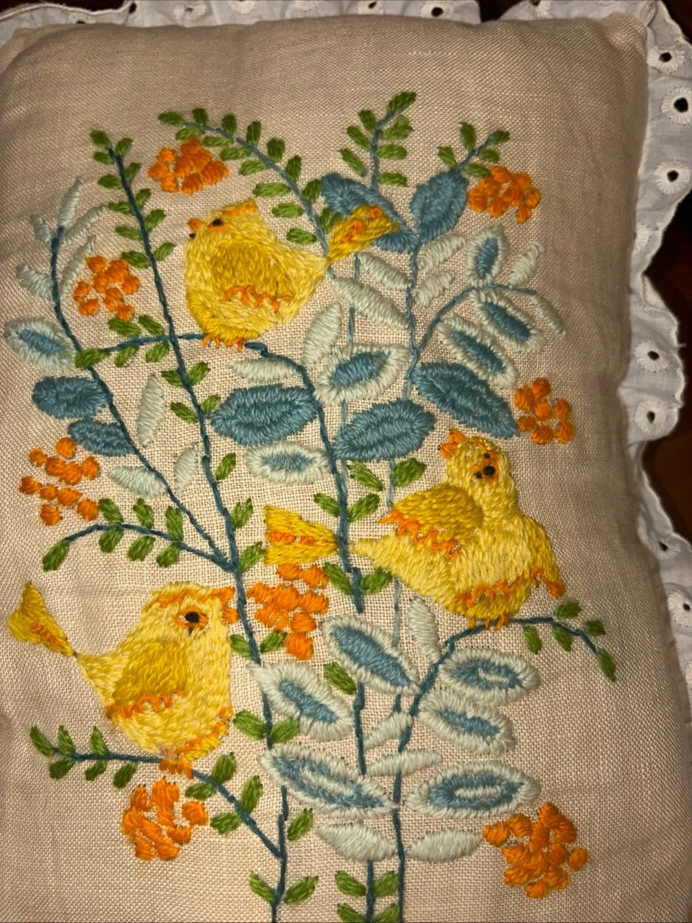 Vintage Hand Stitched Yellow Bird Floral Pillow  Handmade Throw Accent Granny